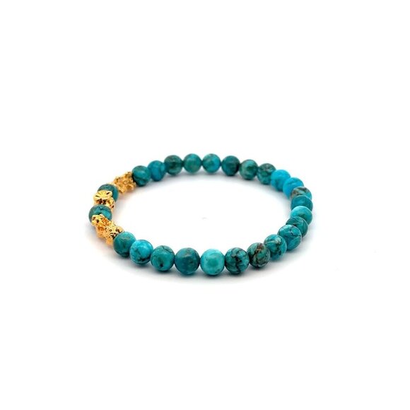 18K Gold Pixiu Double Piyao Money Bag Charm Bracelet Gemstone Turquoise 6mm - Picture 2 of 4